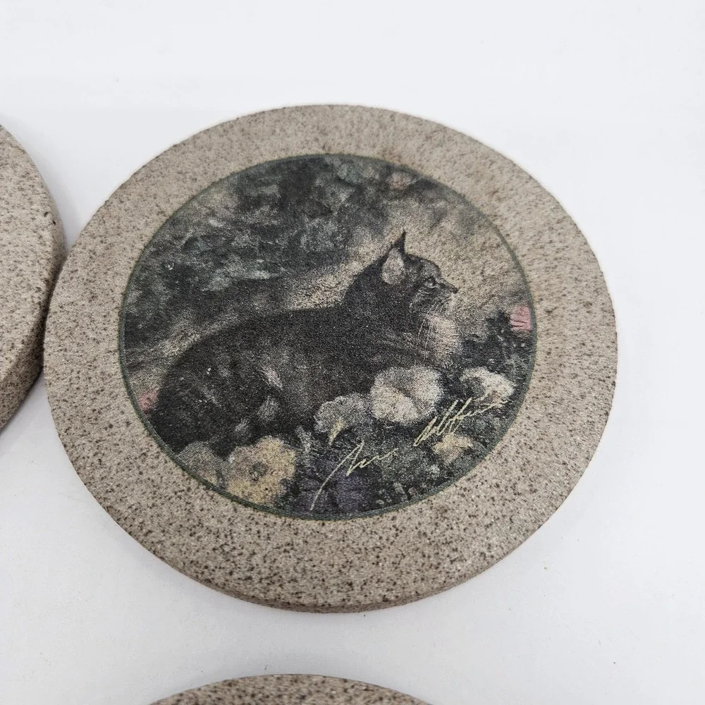 4 Vintage Cat Coasters Natural Sandstone Cork Back *heavy* Grandma Core